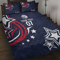 Blue quilt bed set showing “YOUR TEXT 01” with star patterns and two matching pillows
