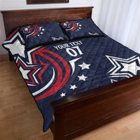 Blue quilt bed set with quilted comforter, “YOUR TEXT 01,” and two pillows with stars