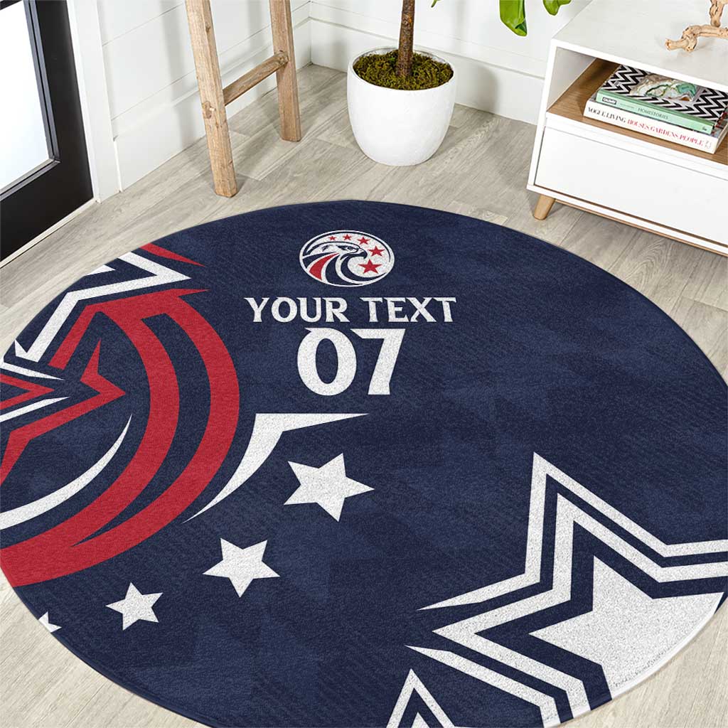 Blue round rugby carpet with red spiral, stars, and text "YOUR TEXT 07"