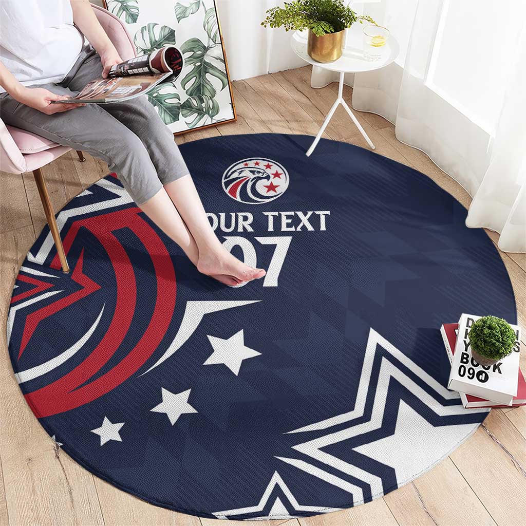 Blue round rugby carpet with star graphics and text "YOUR TEXT 07"