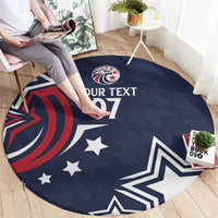 Blue round rugby carpet with star graphics and text "YOUR TEXT 07"