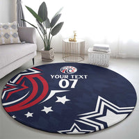 Blue round rugby carpet with star pattern, red spiral, and "YOUR TEXT 07"