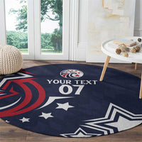 Blue round rugby carpet with center logo, stars, and text "YOUR TEXT 07"