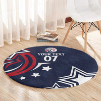 Blue round rugby carpet with patriotic graphics and text "YOUR TEXT 07"