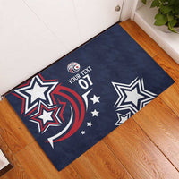 Blue rubber doormat with large stars, small constellation dots, and 'YOUR TEXT 07'