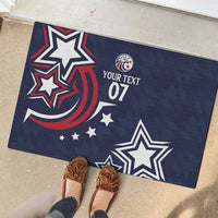 Blue rubber doormat with star-ring graphic, round logo, 'YOUR TEXT 07' design
