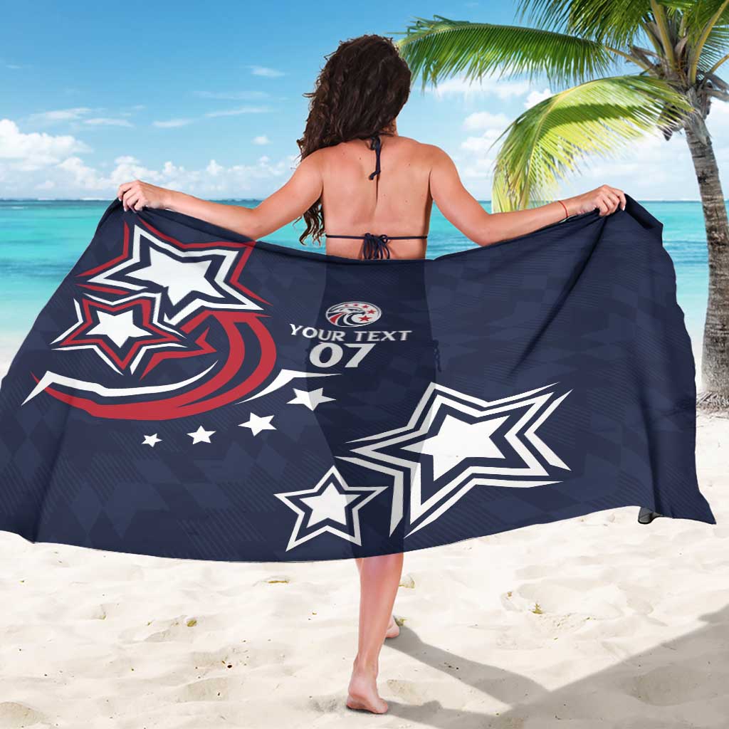 Navy blue sarong with eagle logo, custom text 07, and star patterns, back view