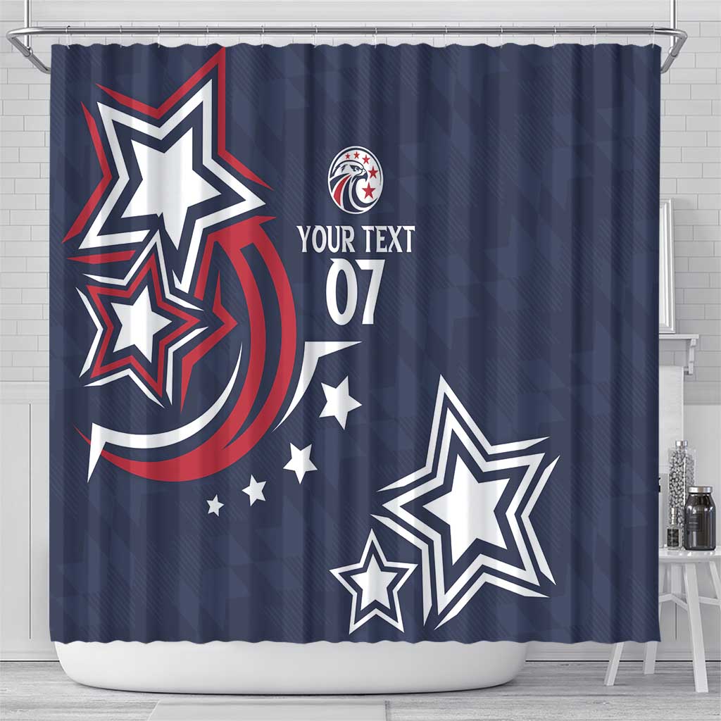 Blue shower curtain with stars and 'YOUR TEXT 07' graphic