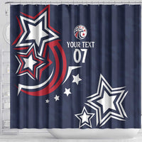 Blue shower curtain with multiple stars, red arc, and 'YOUR TEXT 07' text