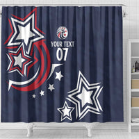 Blue shower curtain with star graphics and 'YOUR TEXT 07' on dark blue fabric
