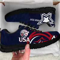 Blue USA rugby sneakers with black sole, star emblem and USA graphic on side