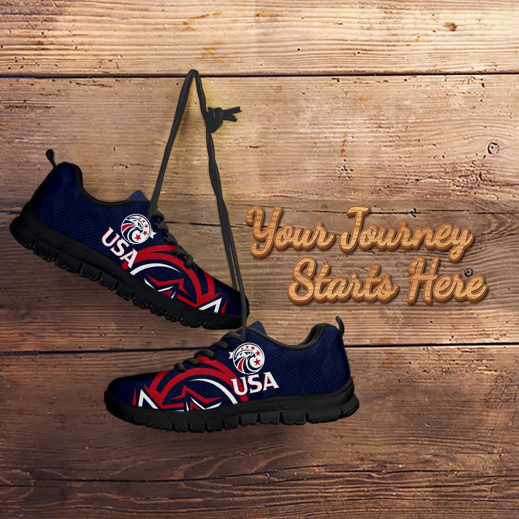 Blue USA rugby sneakers with black sole, USA crest and red wave graphic