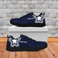 Blue lace-up sneakers with black sole, large star patch and 'YOUR TEXT' on side