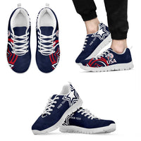 Blue lace-up sneakers with white sole, star logo on heel and 'YOUR TEXT' label