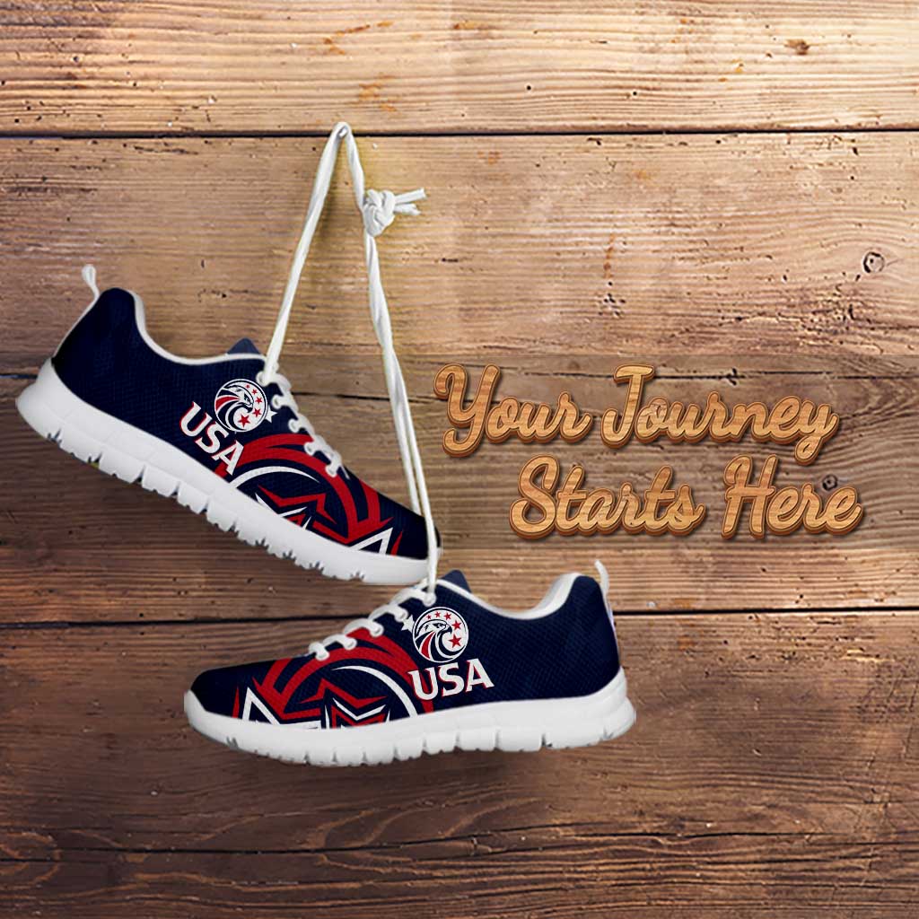 Blue USA rugby sneakers with white sole, lace-up front, USA crest and red stripe