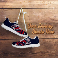 Blue USA rugby sneakers with white sole, lace-up front, USA crest and red stripe