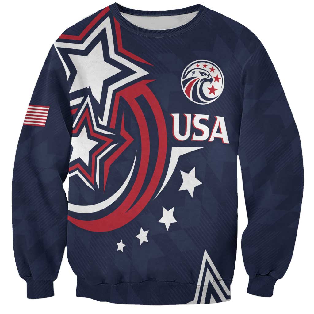Navy unisex sweatshirt with USA flag, star and circular eagle graphics, long sleeves