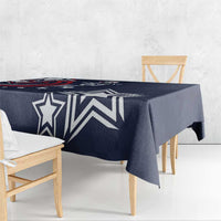 Navy blue sports tablecloth with bold white star and stripe graphics across top