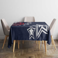 Navy blue rectangle tablecloth with white star and abstract emblem print