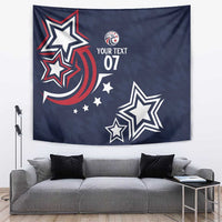 Blue wall tapestry featuring star cluster, crescent swirl, and white outlined stars