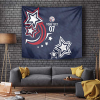 Blue custom tapestry wall hanging with stars, crescent emblem, and red graphic accents