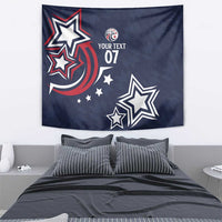 Blue custom tapestry with bold star and crescent design, small spark-like star details
