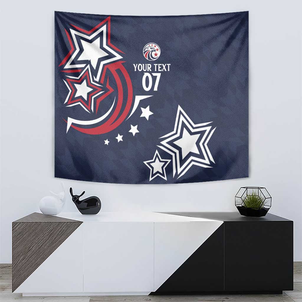 Blue tapestry wall hanging with large outlined stars and red crescent swirl accents