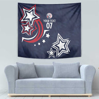 Blue decorative tapestry with star shapes, crescent motif, and a custom text area