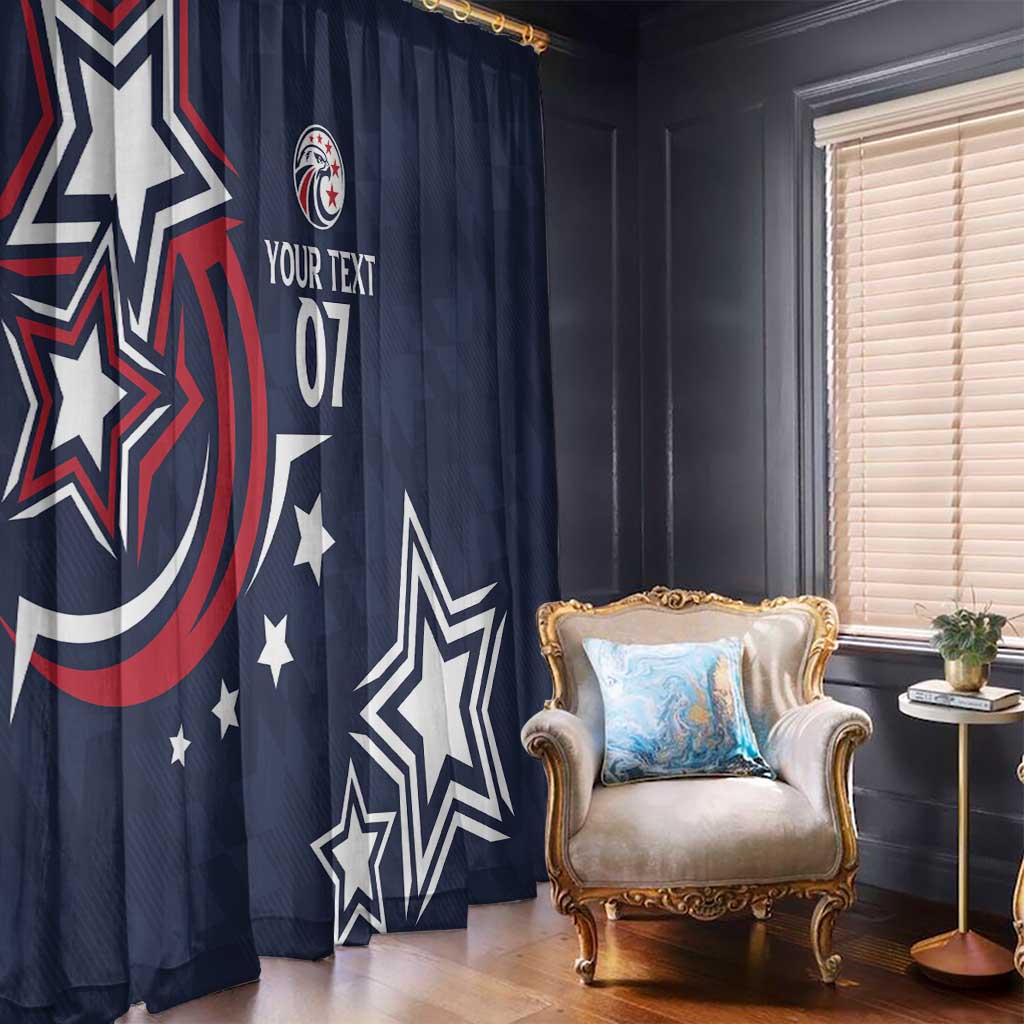 Navy blue window curtain with star-and-stripes graphics and panel text placeholder print