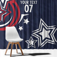Navy blue curtain with patriotic stars and red-and-white swirl pattern, side panel text