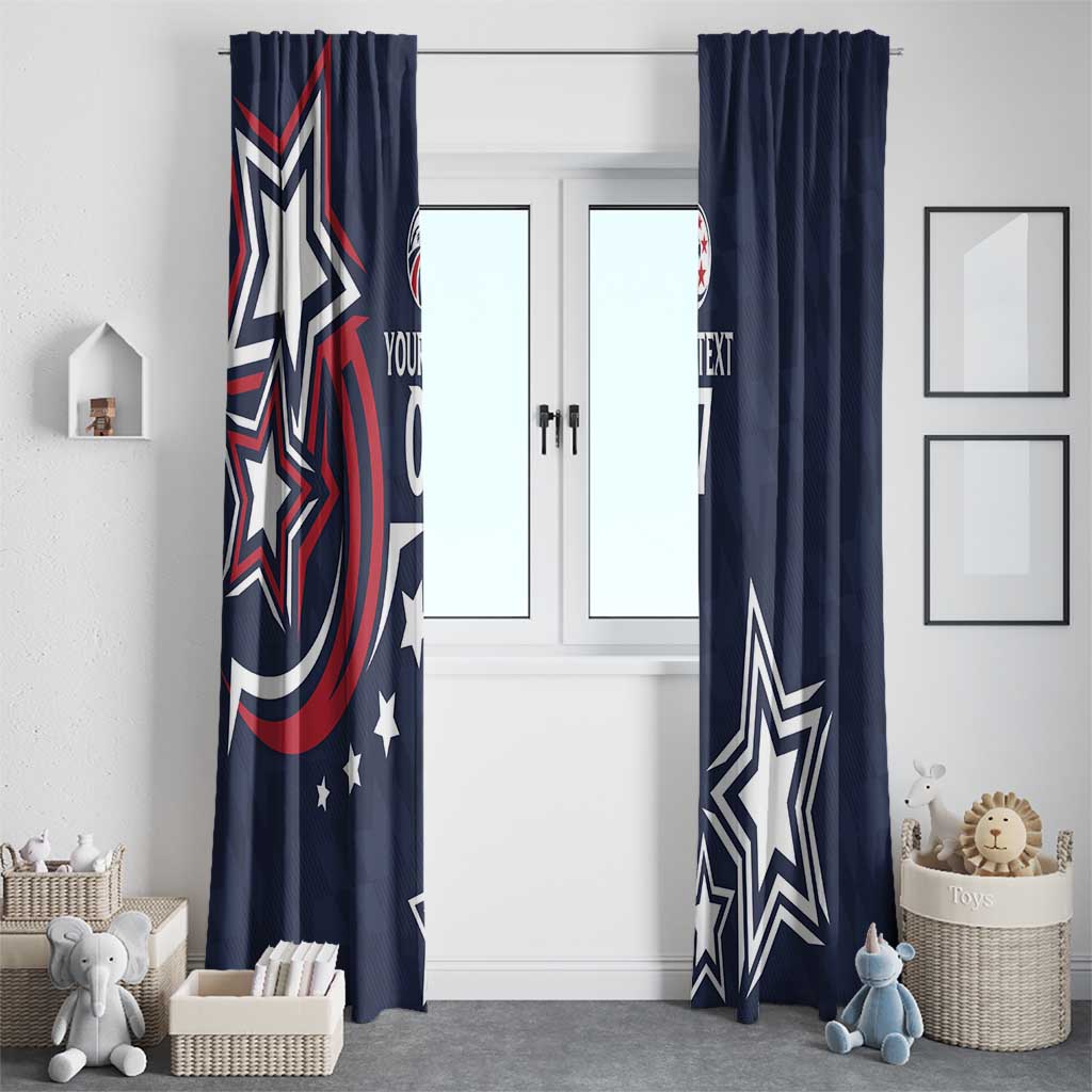 Navy blue window curtain pair with bold star motif and red striped patriotic swirl