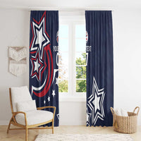 Navy blue window curtains with star-and-stripes design, printed text placeholder on center