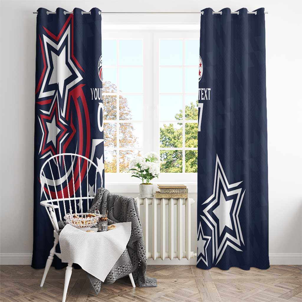 Navy blue window curtain set with patriotic stars and red striped swirl, grommet top