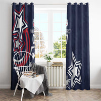 Navy blue window curtain set with patriotic stars and red striped swirl, grommet top