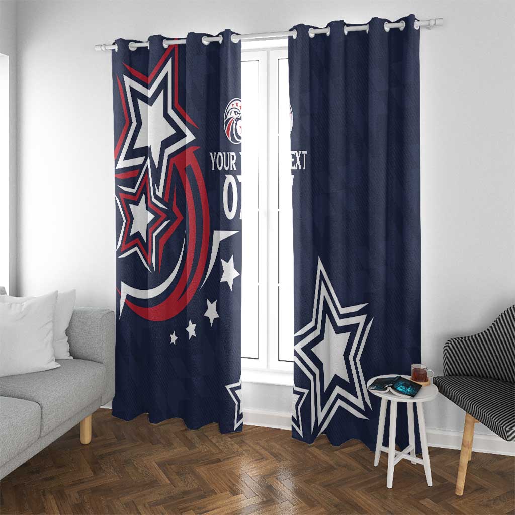 Navy blue curtains with large star corner motif and center panel text placeholder
