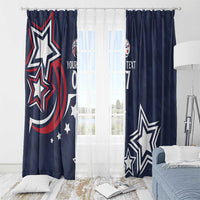 Navy blue window curtain pair with star-and-stripes graphics and hanging hooks on top