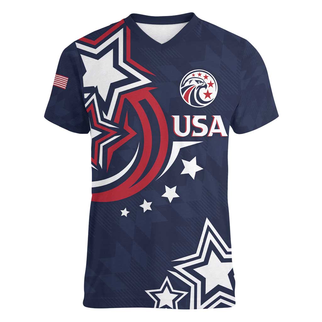 USA Rugby 2024 Custom Women V-Neck T-Shirt GO Eagles Assemble - Blue Version