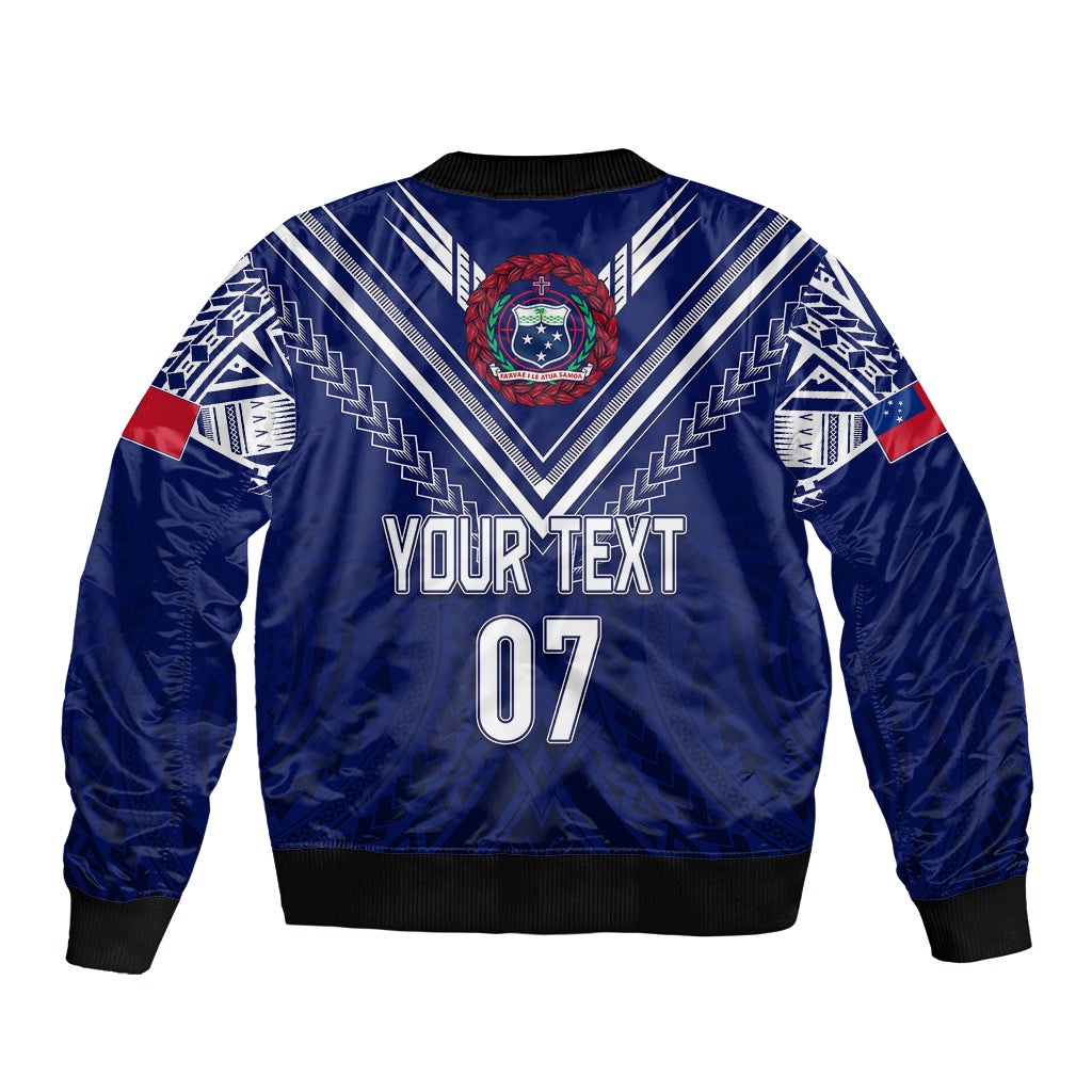 Blue satin bomber jacket with ribbed hem and back design, 'YOUR TEXT 07'