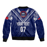 Blue satin bomber jacket with ribbed hem and back design, 'YOUR TEXT 07'