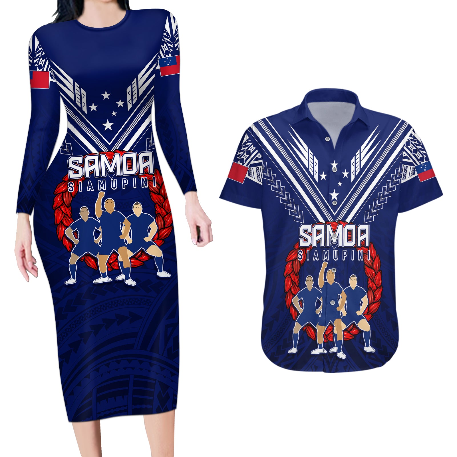 Personalised Samoa Rugby Couples Matching Long Sleeve Bodycon Dress and Hawaiian Shirt World Cup 2023 Siamupini Siva Tau LT7 - Wonder Print Shop