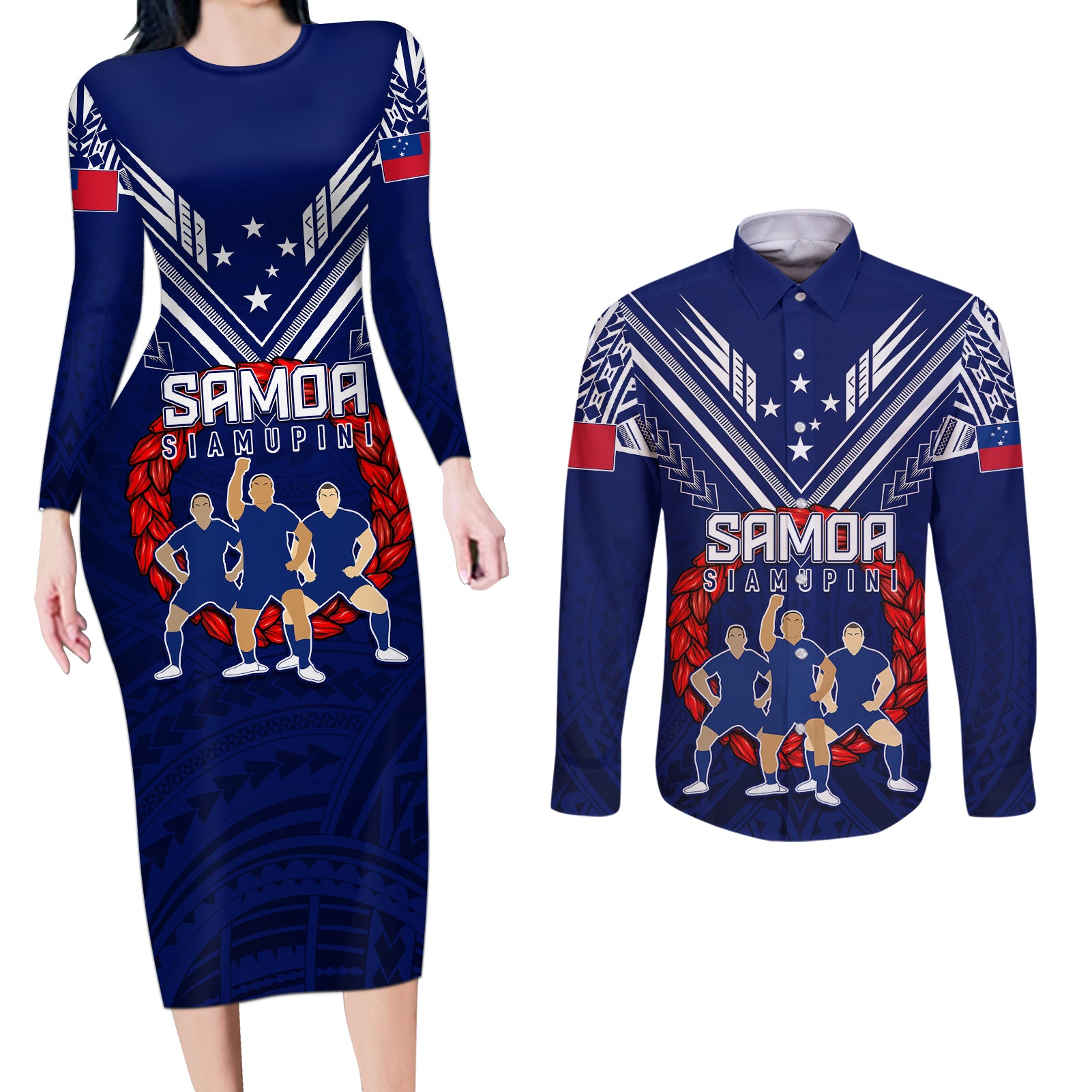 Personalised Samoa Rugby Couples Matching Long Sleeve Bodycon Dress and Long Sleeve Button Shirts World Cup 2023 Siamupini Siva Tau LT7 - Wonder Print Shop