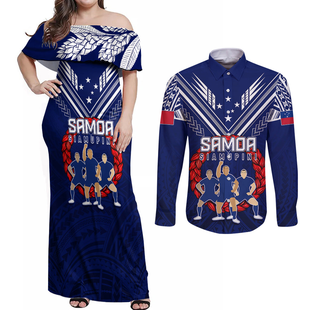 Personalised Samoa Rugby Couples Matching Off Shoulder Maxi Dress and Long Sleeve Button Shirts World Cup 2023 Siamupini Siva Tau LT7 - Wonder Print Shop