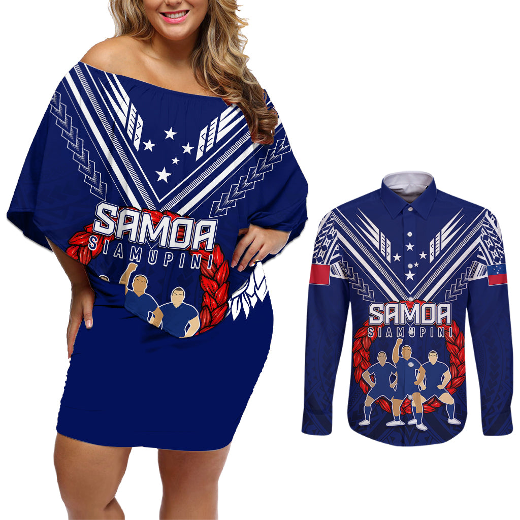 Personalised Samoa Rugby Couples Matching Off Shoulder Short Dress and Long Sleeve Button Shirts World Cup 2023 Siamupini Siva Tau LT7 - Wonder Print Shop