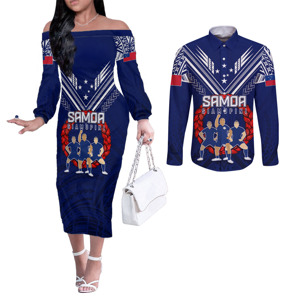 personalised-samoa-rugby-couples-matching-off-the-shoulder-long-sleeve-dress-and-long-sleeve-button-shirts-world-cup-2023-siamupini-siva-tau