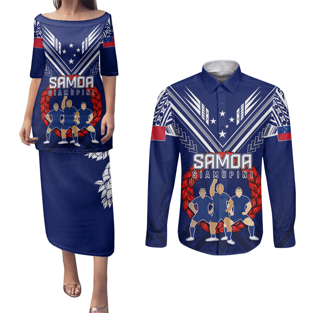 Personalised Samoa Rugby Couples Matching Puletasi Dress and Long Sleeve Button Shirts World Cup 2023 Siamupini Siva Tau LT7 - Wonder Print Shop