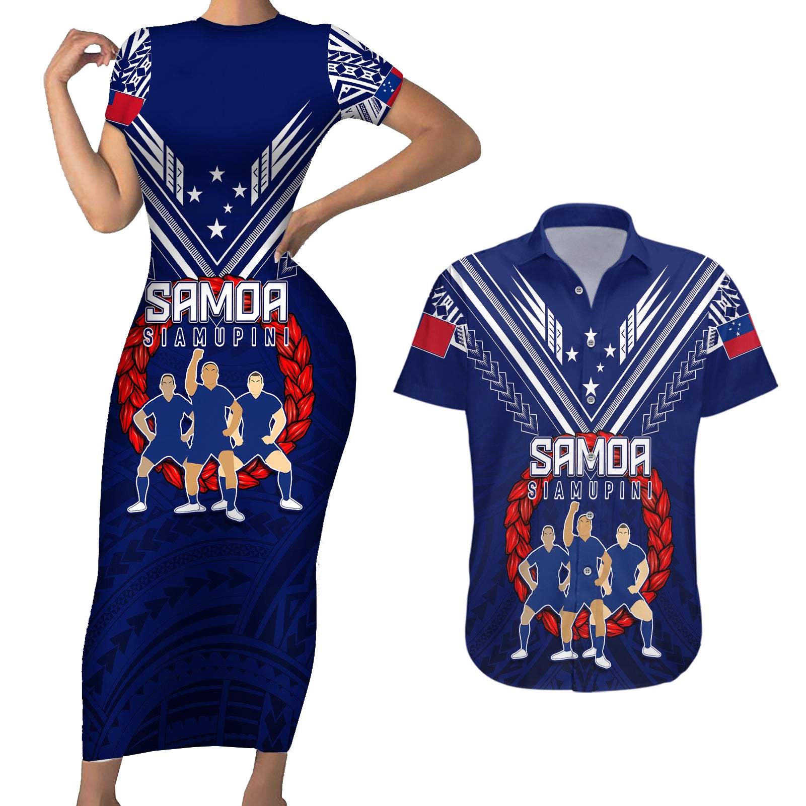 Personalised Samoa Rugby Couples Matching Short Sleeve Bodycon Dress and Hawaiian Shirt World Cup 2023 Siamupini Siva Tau LT7 - Wonder Print Shop