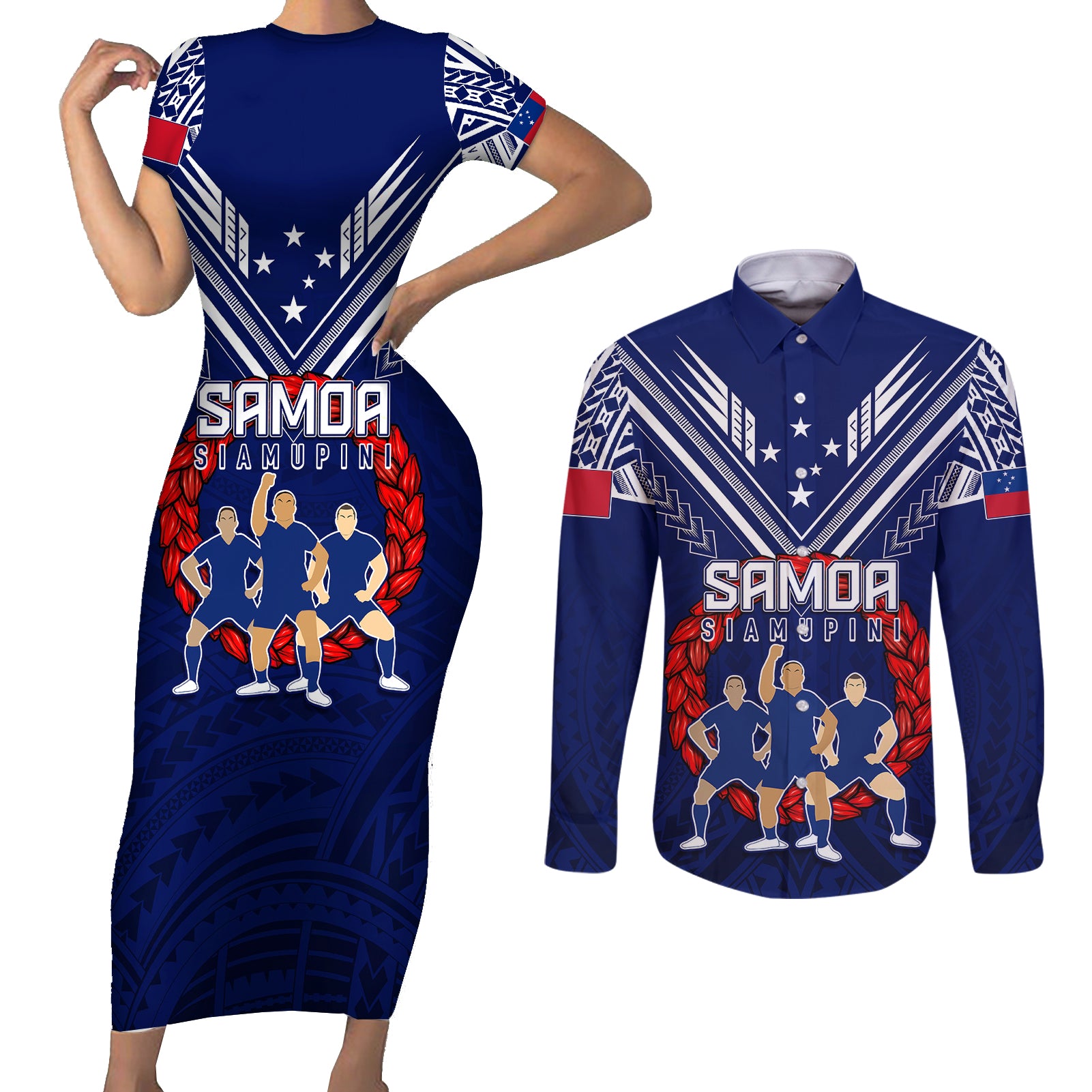 Personalised Samoa Rugby Couples Matching Short Sleeve Bodycon Dress and Long Sleeve Button Shirts World Cup 2023 Siamupini Siva Tau LT7 - Wonder Print Shop