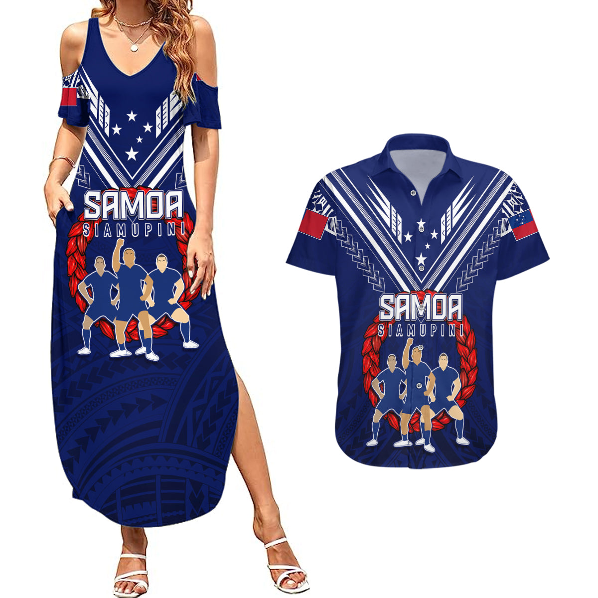 Personalised Samoa Rugby Couples Matching Summer Maxi Dress and Hawaiian Shirt World Cup 2023 Siamupini Siva Tau LT7 - Wonder Print Shop