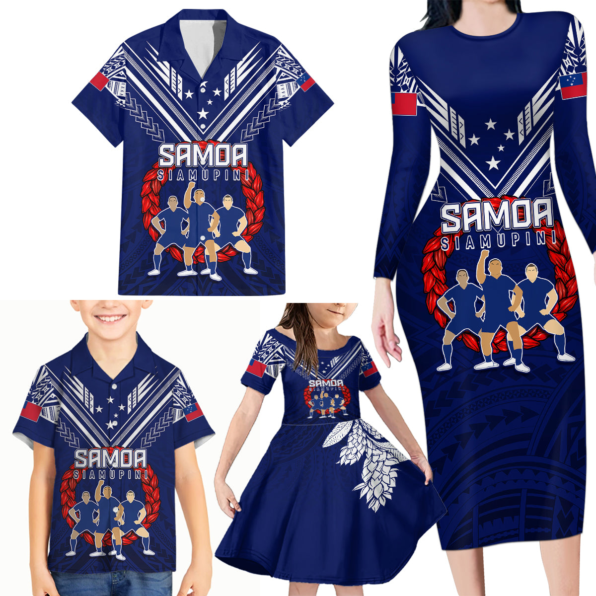 Personalised Samoa Rugby Family Matching Long Sleeve Bodycon Dress and Hawaiian Shirt World Cup 2023 Siamupini Siva Tau LT7 - Wonder Print Shop