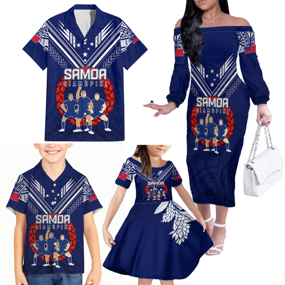 Personalised Samoa Rugby Family Matching Off Shoulder Long Sleeve Dress and Hawaiian Shirt World Cup 2023 Siamupini Siva Tau - Wonder Print Shop